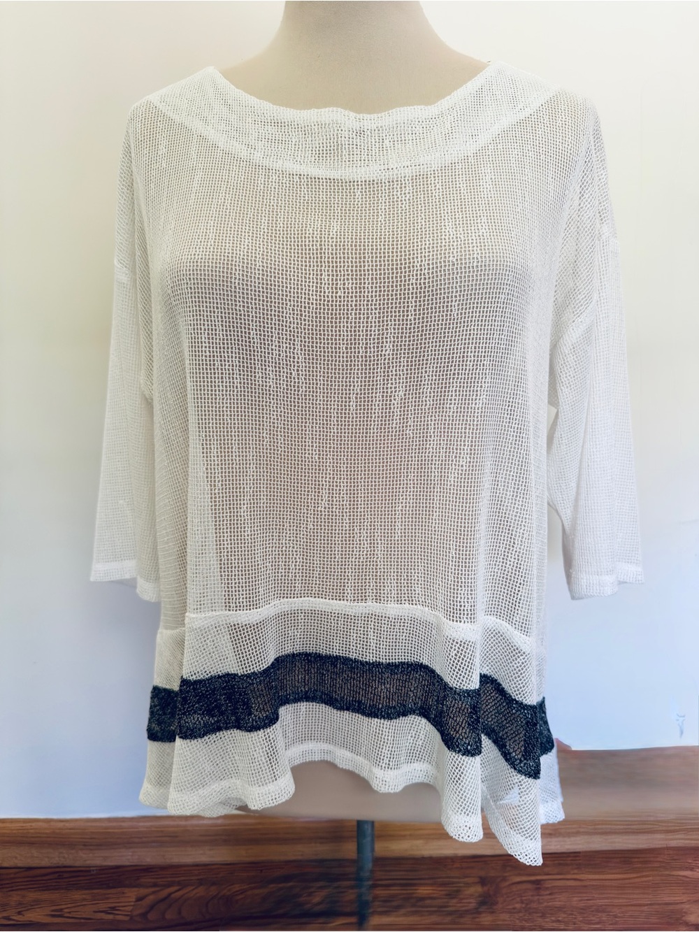 IC by Connie K Sheer White Knit Top with Black Hem Stripe #151